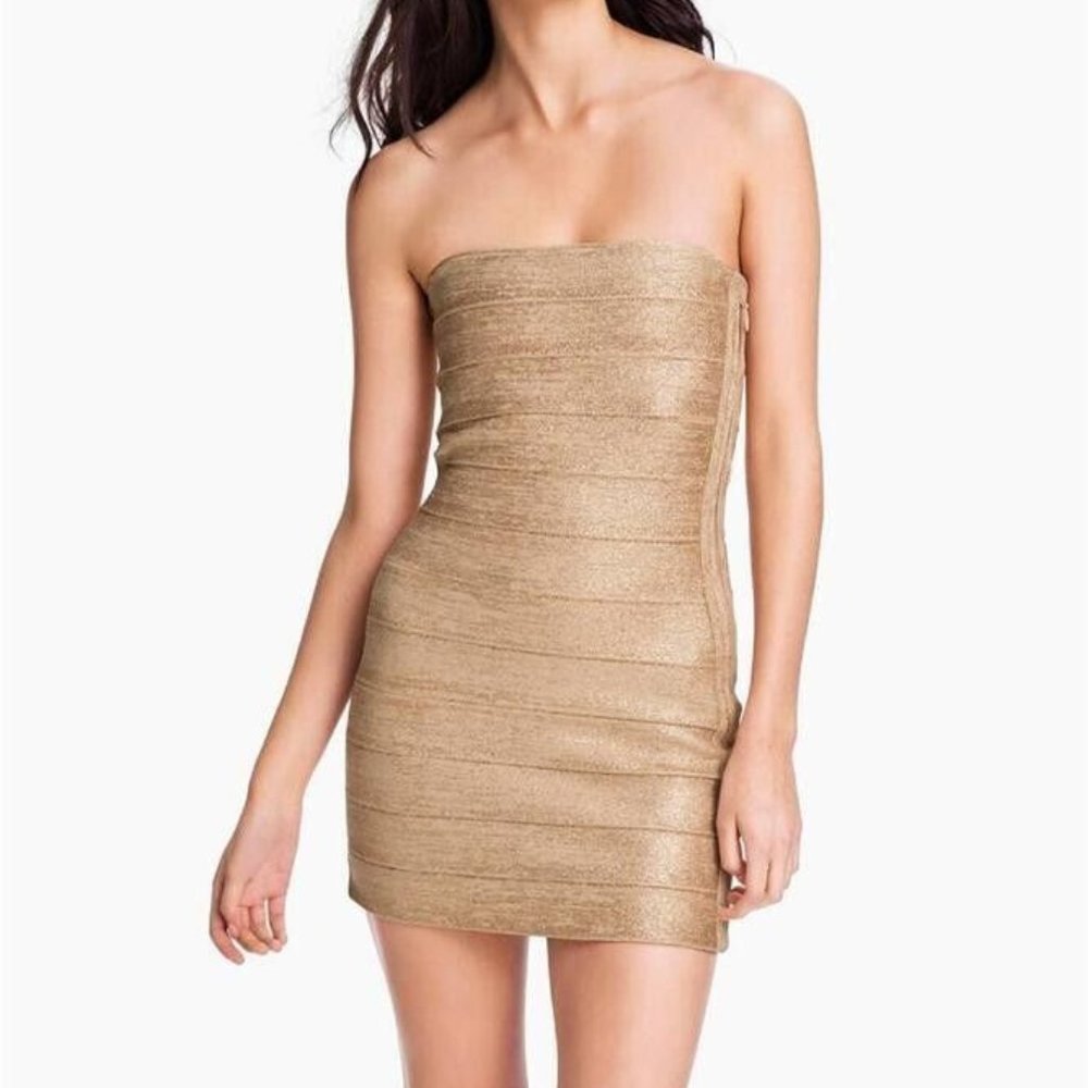 HAUTE HIPPIE Gold Metallic Bandage Strapless Mini Bodycon Dress - Size M ($595) - Picture 1 of 7